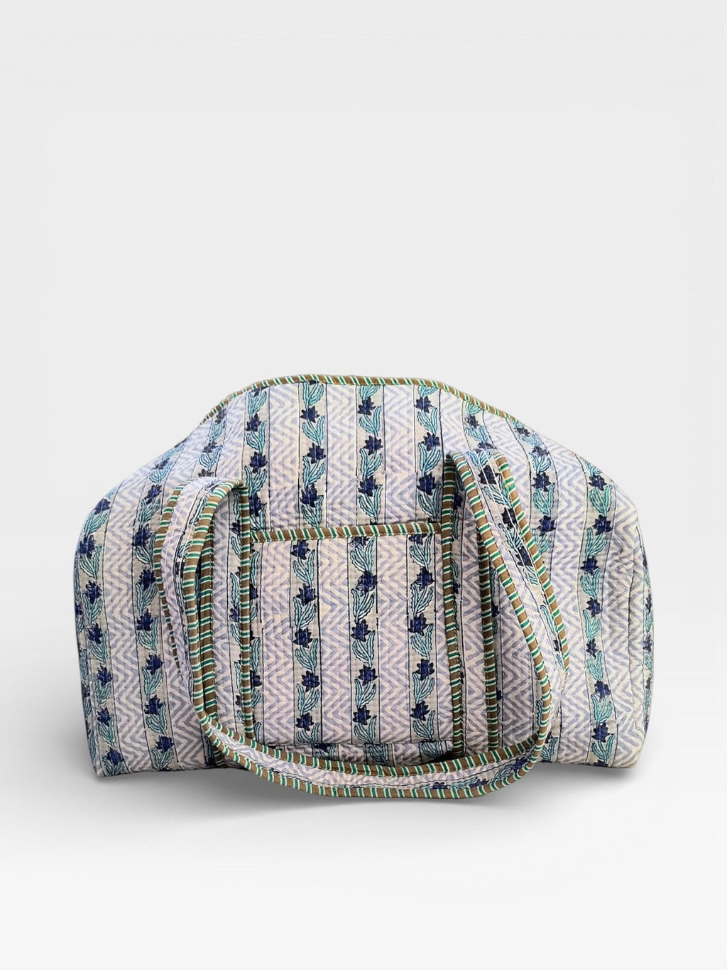 Blue Floral Block Print Quilted Duffle Bag | Handmade Cotton Weekender Bag | Indian Handblock Travel Bag | Boho Overnight Gym Bag