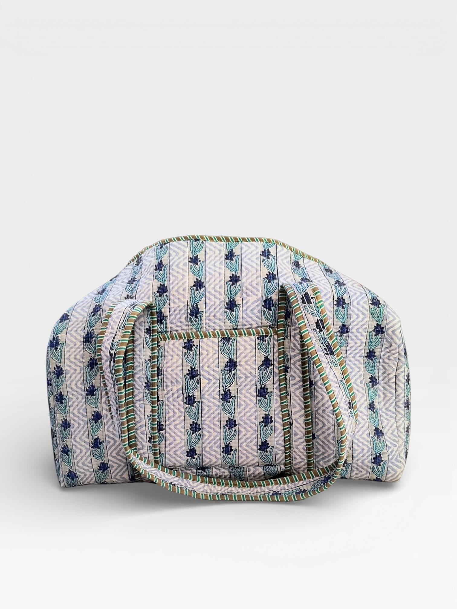 Blue Floral Block Print Quilted Duffle Bag | Handmade Cotton Weekender Bag | Indian Handblock Travel Bag | Boho Overnight Gym Bag
