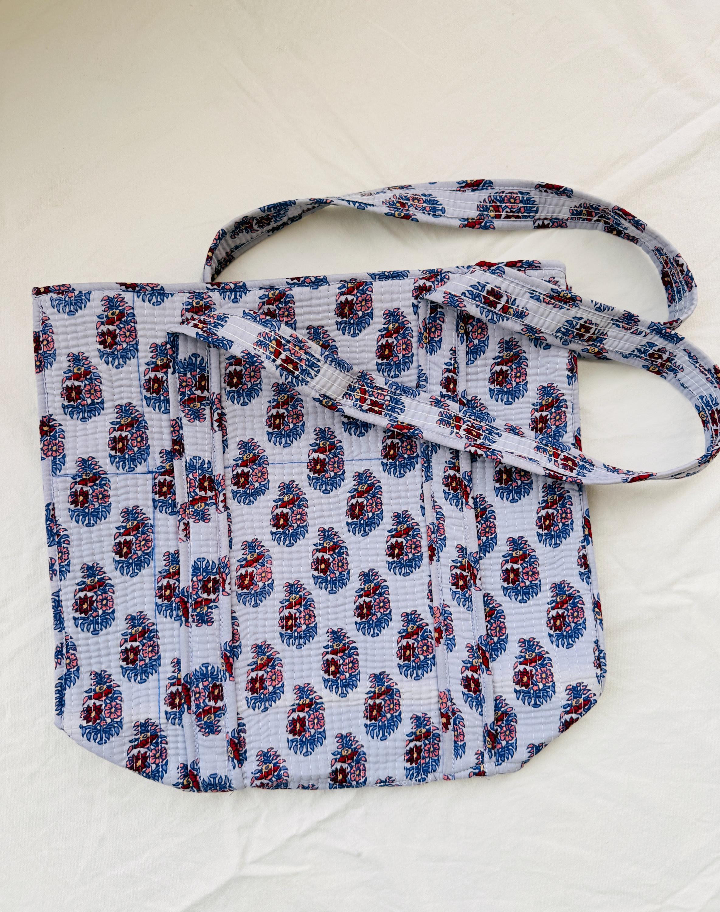 Hand Block Printed Quilted Cotton Tote Bag | Floral Indian Shoulder Bag
