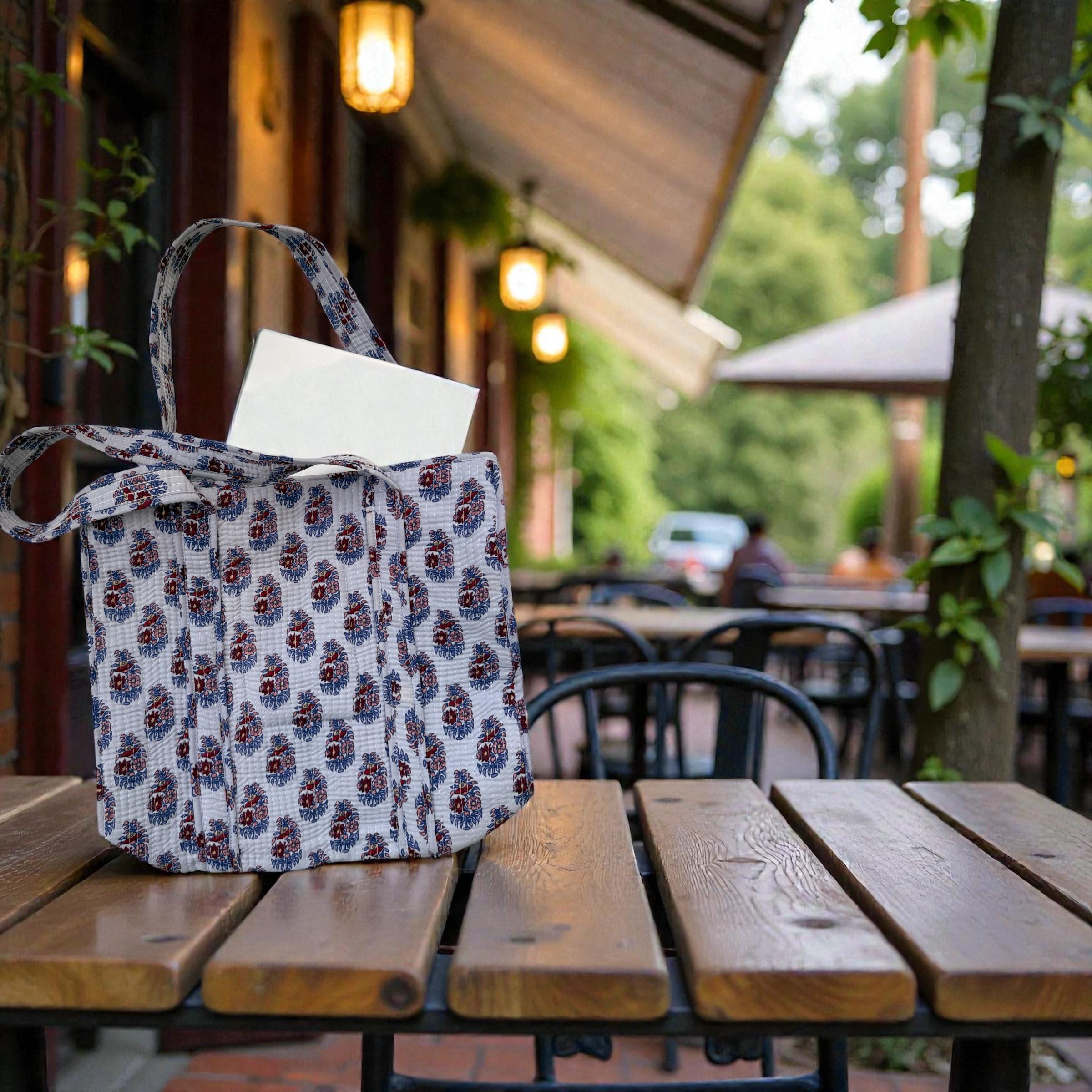 Hand Block Printed Quilted Cotton Tote Bag | Floral Indian Shoulder Bag