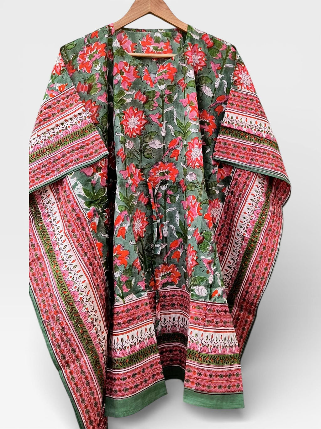 Hand Block Printed Short Cotton Kaftan – Sage Green, Red & Pink Floral | Boho Summer Kaftan Dress, Relaxed Fit Tunic