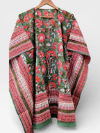 Hand Block Printed Short Cotton Kaftan – Sage Green, Red & Pink Floral | Boho Summer Kaftan Dress, Relaxed Fit Tunic