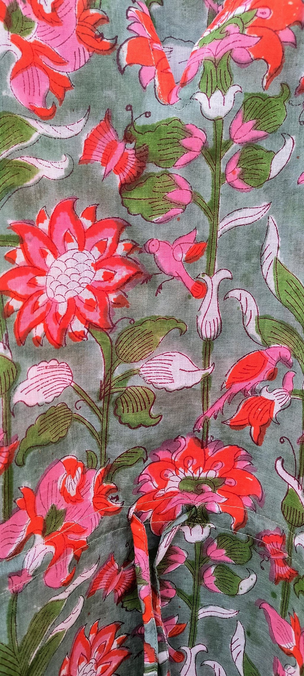 Hand Block Printed Short Cotton Kaftan – Sage Green, Red & Pink Floral | Boho Summer Kaftan Dress, Relaxed Fit Tunic