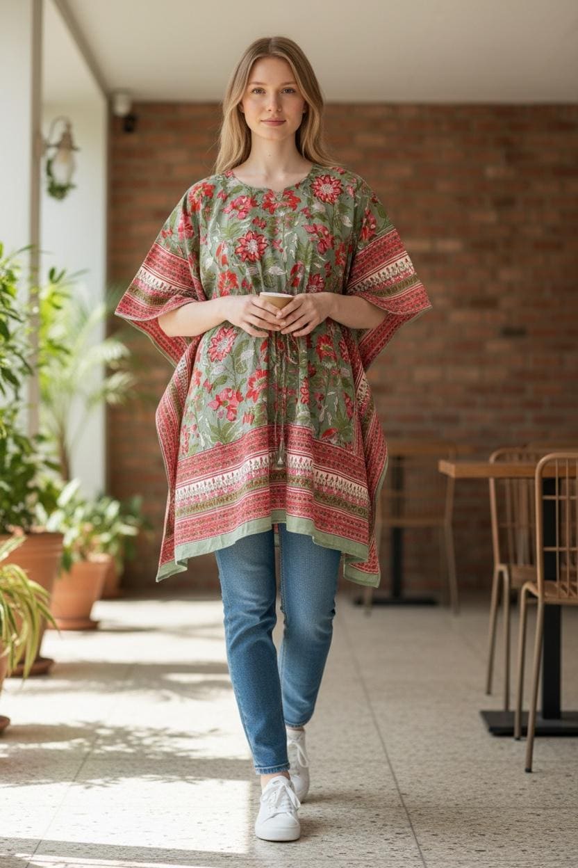 Hand Block Printed Short Cotton Kaftan – Sage Green, Red & Pink Floral | Boho Summer Kaftan Dress, Relaxed Fit Tunic