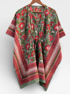 Hand Block Printed Short Cotton Kaftan – Sage Green, Red & Pink Floral | Boho Summer Kaftan Dress, Relaxed Fit Tunic