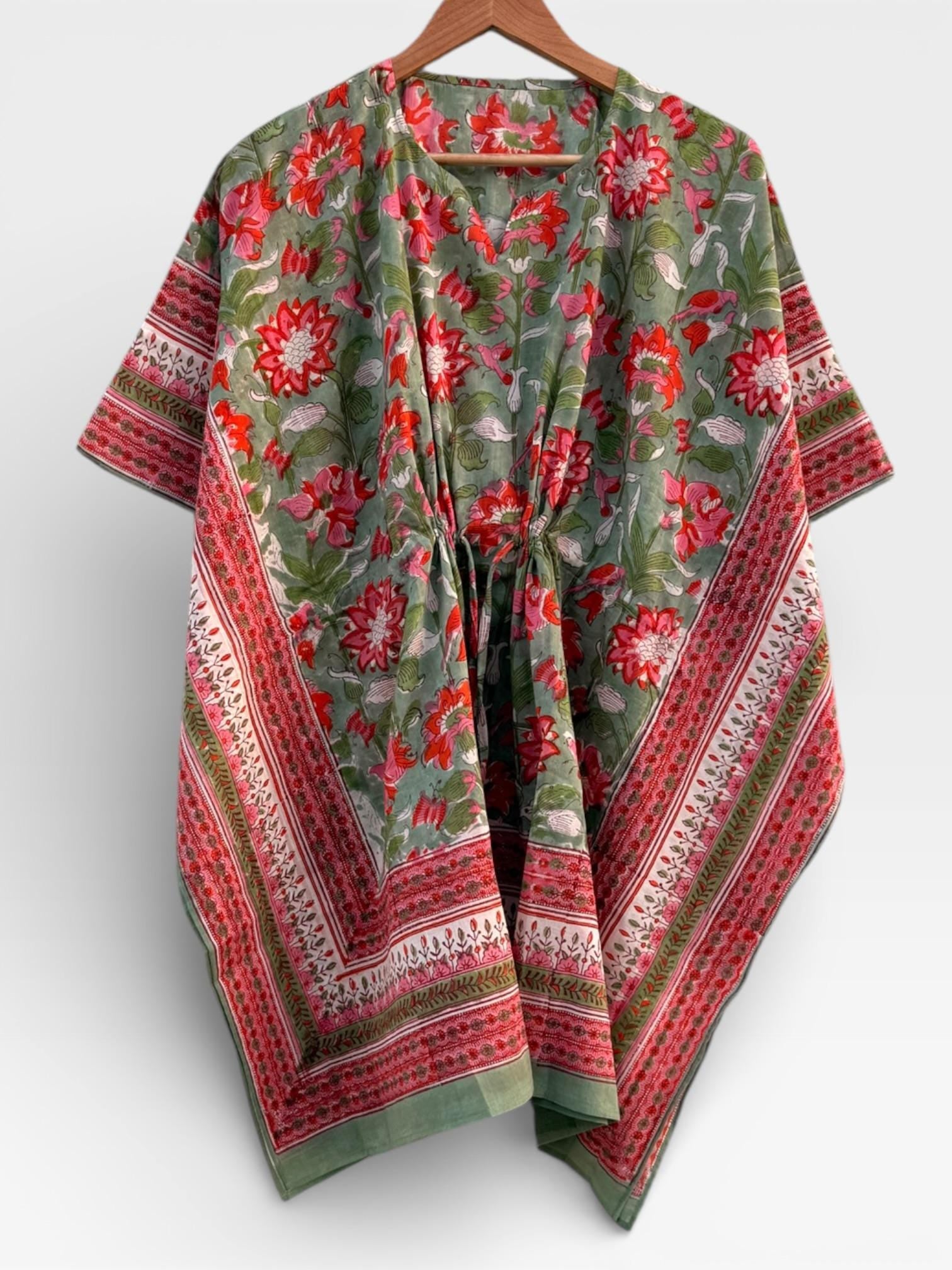Hand Block Printed Short Cotton Kaftan – Sage Green, Red & Pink Floral | Boho Summer Kaftan Dress, Relaxed Fit Tunic