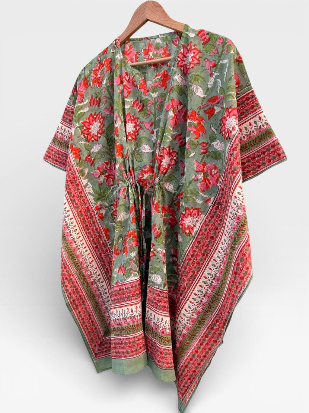 Hand Block Printed Short Cotton Kaftan – Sage Green, Red & Pink Floral | Boho Summer Kaftan Dress, Relaxed Fit Tunic