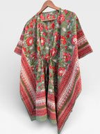 Hand Block Printed Short Cotton Kaftan – Sage Green, Red & Pink Floral | Boho Summer Kaftan Dress, Relaxed Fit Tunic