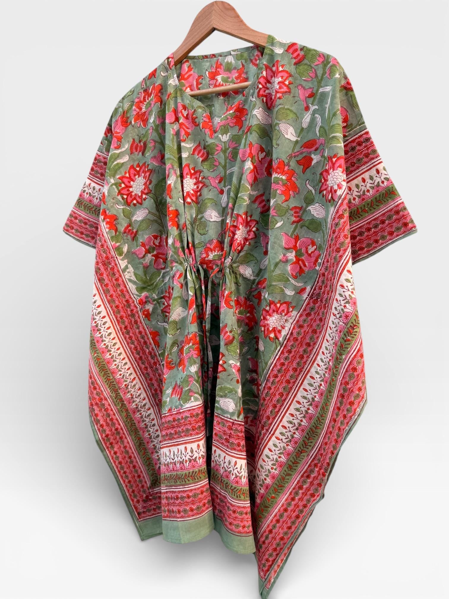 Hand Block Printed Short Cotton Kaftan – Sage Green, Red & Pink Floral | Boho Summer Kaftan Dress, Relaxed Fit Tunic