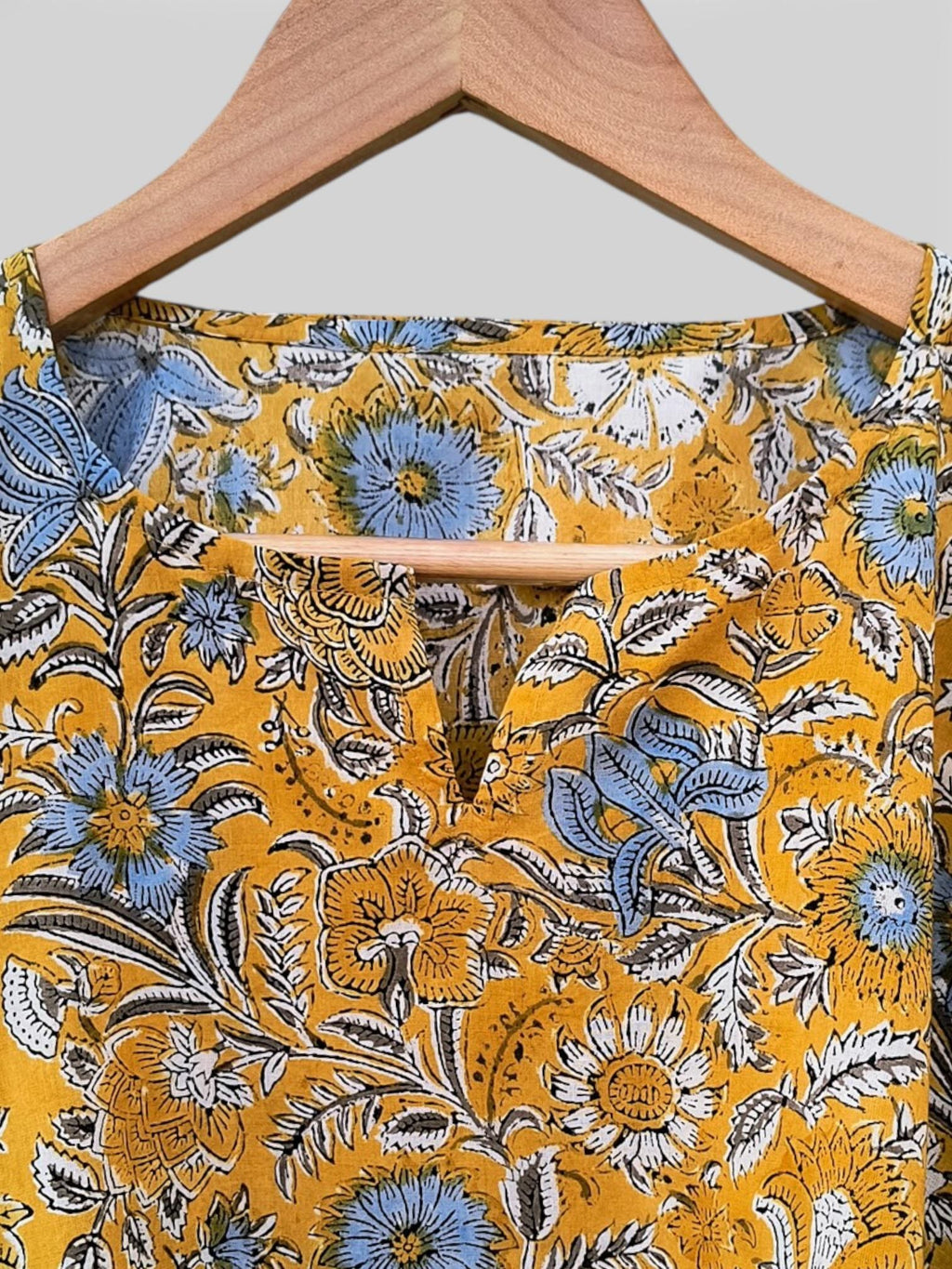 Hand Block Printed Short Cotton Kaftan – Mustard Yellow with Blue & White Floral | Boho Summer Kaftan Dress, Relaxed Fit Tunic