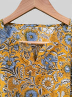 Hand Block Printed Short Cotton Kaftan – Mustard Yellow with Blue & White Floral | Boho Summer Kaftan Dress, Relaxed Fit Tunic
