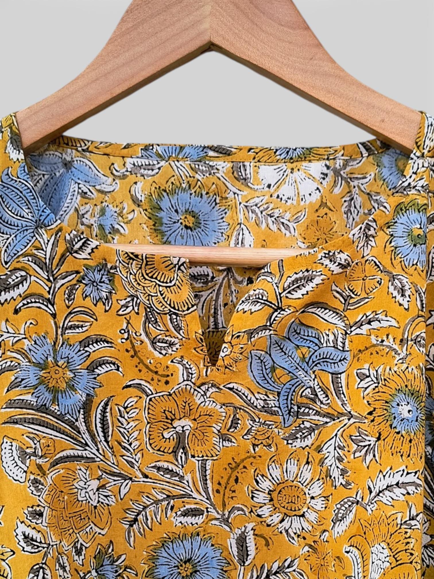 Hand Block Printed Short Cotton Kaftan – Mustard Yellow with Blue & White Floral | Boho Summer Kaftan Dress, Relaxed Fit Tunic