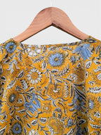Hand Block Printed Short Cotton Kaftan – Mustard Yellow with Blue & White Floral | Boho Summer Kaftan Dress, Relaxed Fit Tunic