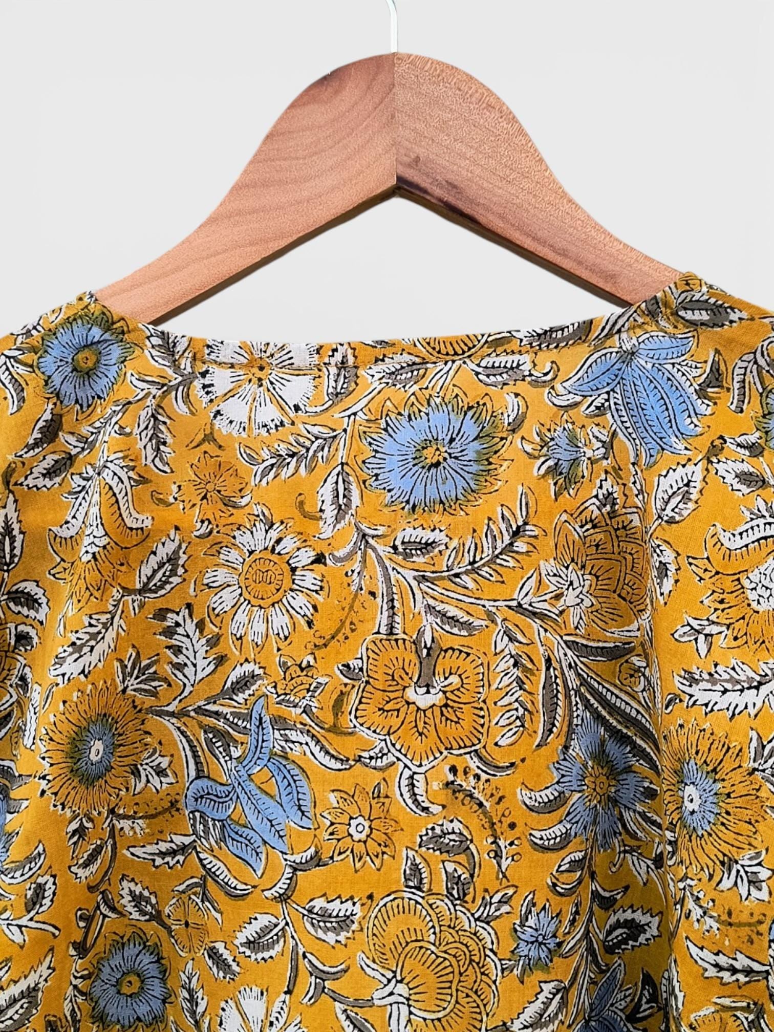 Hand Block Printed Short Cotton Kaftan – Mustard Yellow with Blue & White Floral | Boho Summer Kaftan Dress, Relaxed Fit Tunic