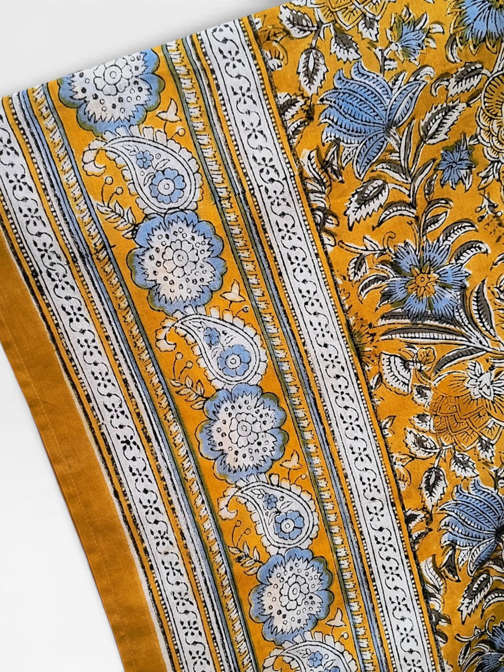 Hand Block Printed Short Cotton Kaftan – Mustard Yellow with Blue & White Floral | Boho Summer Kaftan Dress, Relaxed Fit Tunic