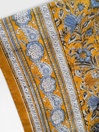 Hand Block Printed Short Cotton Kaftan – Mustard Yellow with Blue & White Floral | Boho Summer Kaftan Dress, Relaxed Fit Tunic