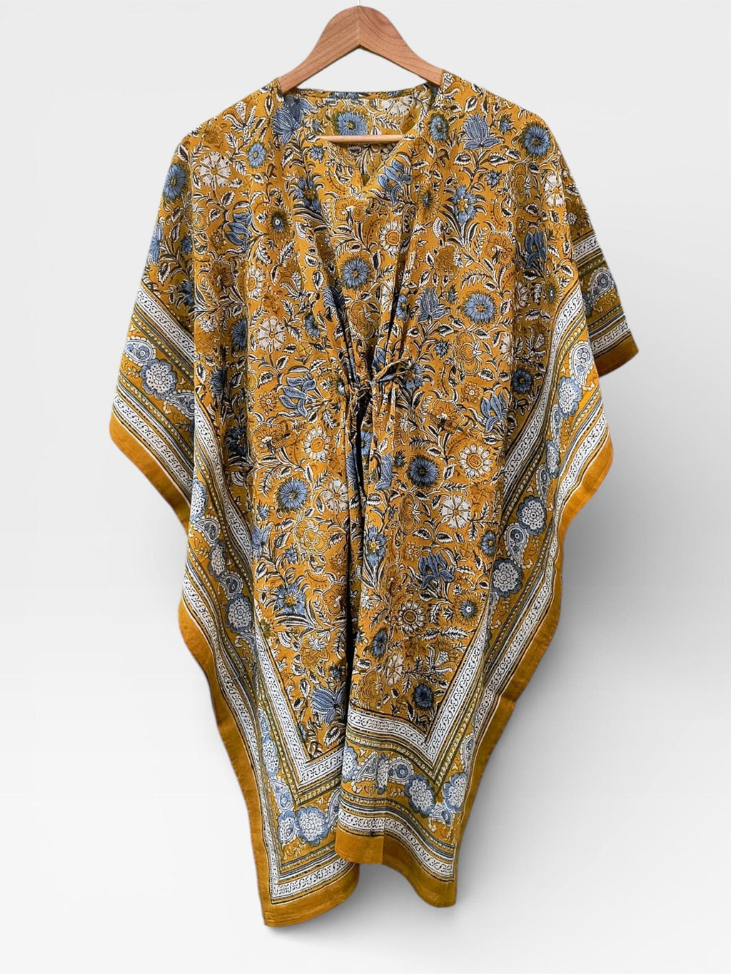 Hand Block Printed Short Cotton Kaftan – Mustard Yellow with Blue & White Floral | Boho Summer Kaftan Dress, Relaxed Fit Tunic