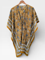 Hand Block Printed Short Cotton Kaftan – Mustard Yellow with Blue & White Floral | Boho Summer Kaftan Dress, Relaxed Fit Tunic