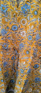 Hand Block Printed Short Cotton Kaftan – Mustard Yellow with Blue & White Floral | Boho Summer Kaftan Dress, Relaxed Fit Tunic