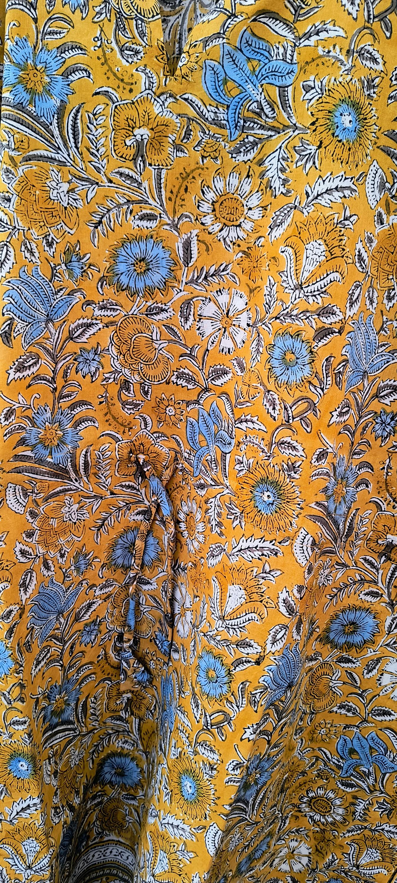 Hand Block Printed Short Cotton Kaftan – Mustard Yellow with Blue & White Floral | Boho Summer Kaftan Dress, Relaxed Fit Tunic