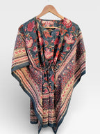Hand Block Printed Short Cotton Kaftan – Deep Gray with Red & Ivory Floral | Boho Summer Kaftan Dress, Relaxed Fit Tunic