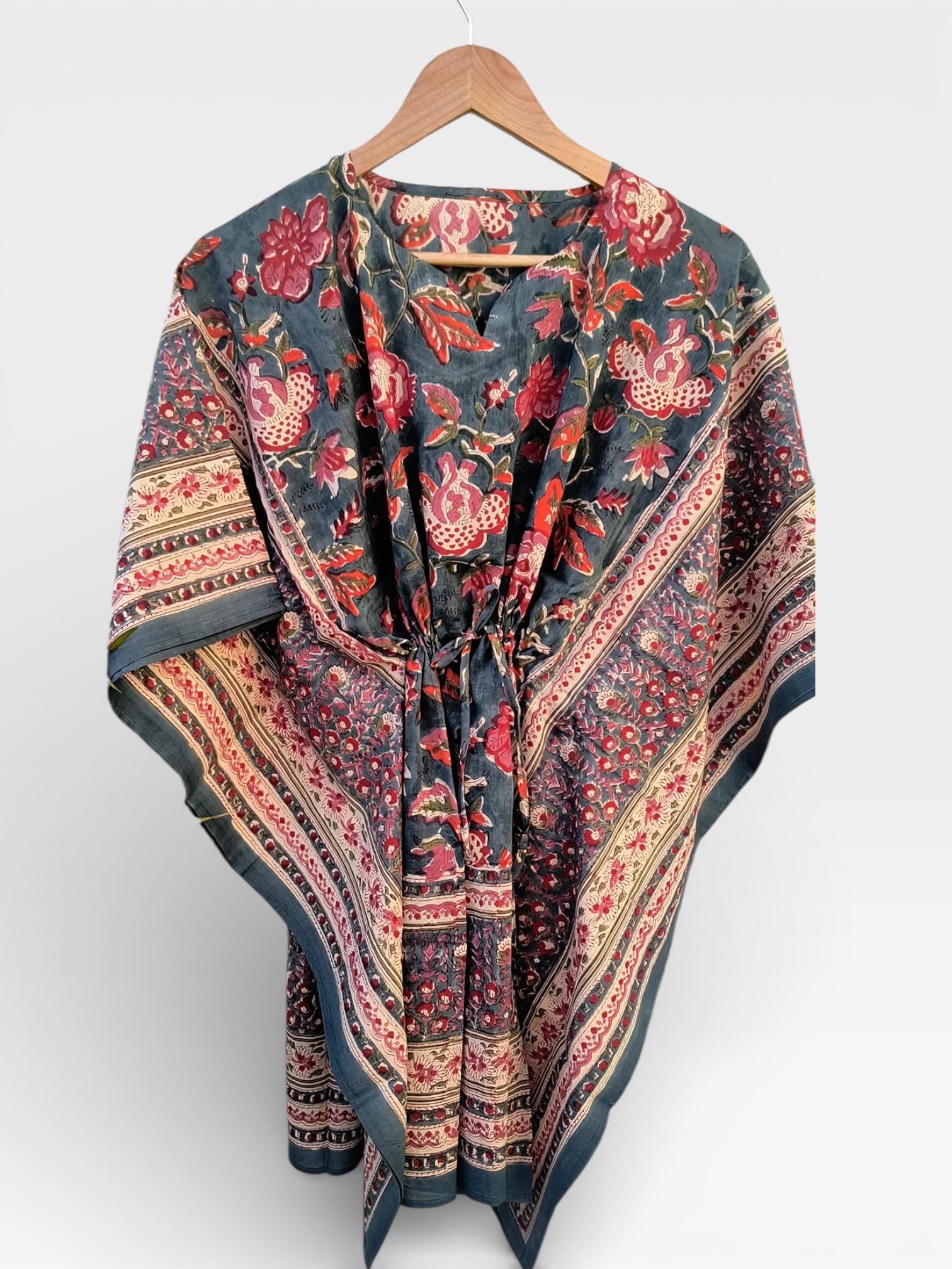 Hand Block Printed Short Cotton Kaftan – Deep Gray with Red & Ivory Floral | Boho Summer Kaftan Dress, Relaxed Fit Tunic