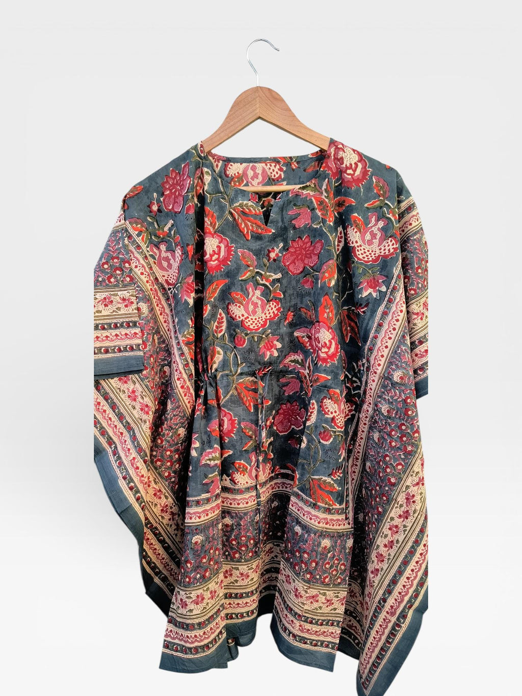 Hand Block Printed Short Cotton Kaftan – Deep Gray with Red & Ivory Floral | Boho Summer Kaftan Dress, Relaxed Fit Tunic