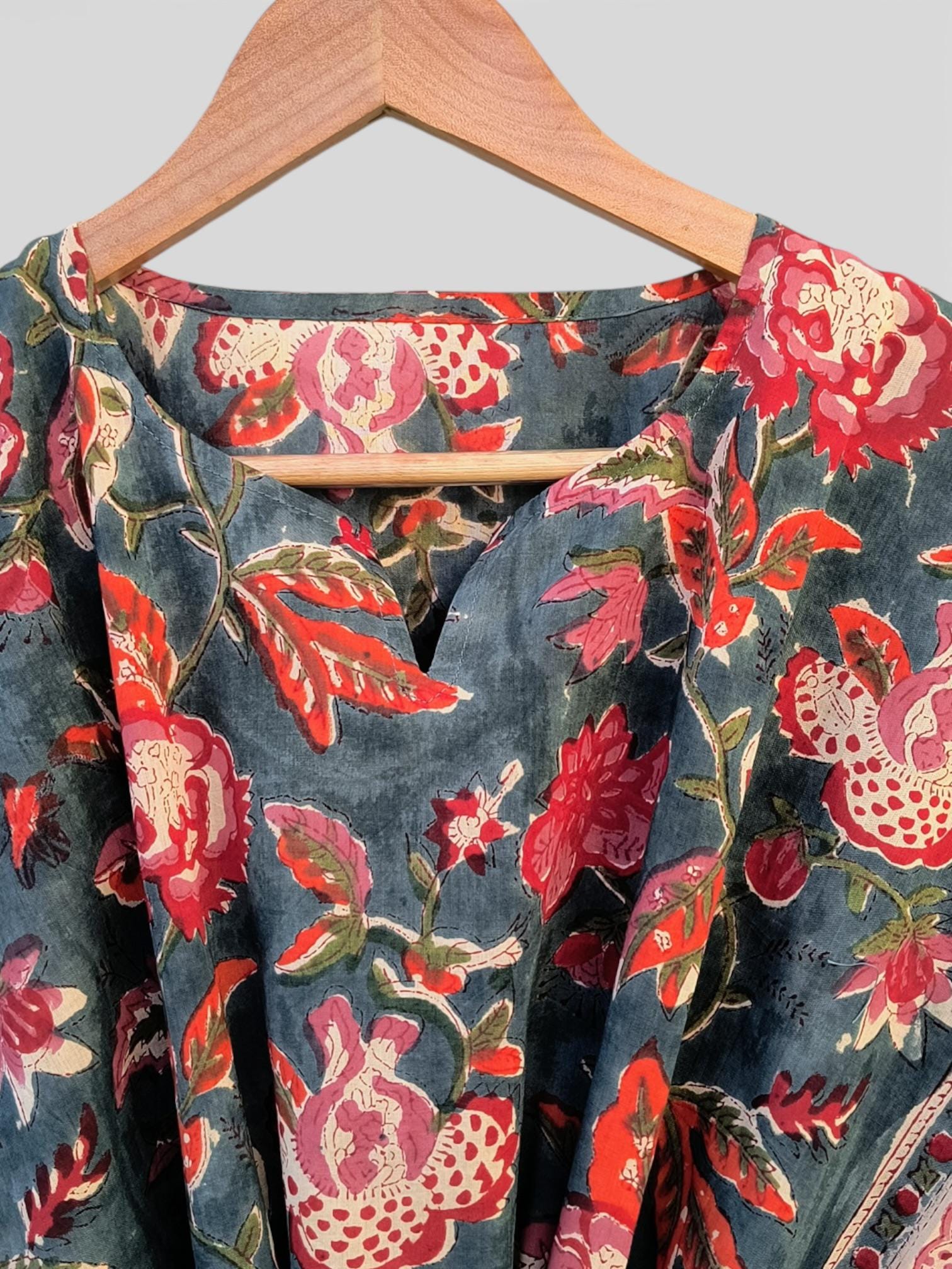 Hand Block Printed Short Cotton Kaftan – Deep Gray with Red & Ivory Floral | Boho Summer Kaftan Dress, Relaxed Fit Tunic