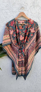 Hand Block Printed Short Cotton Kaftan – Deep Gray with Red & Ivory Floral | Boho Summer Kaftan Dress, Relaxed Fit Tunic