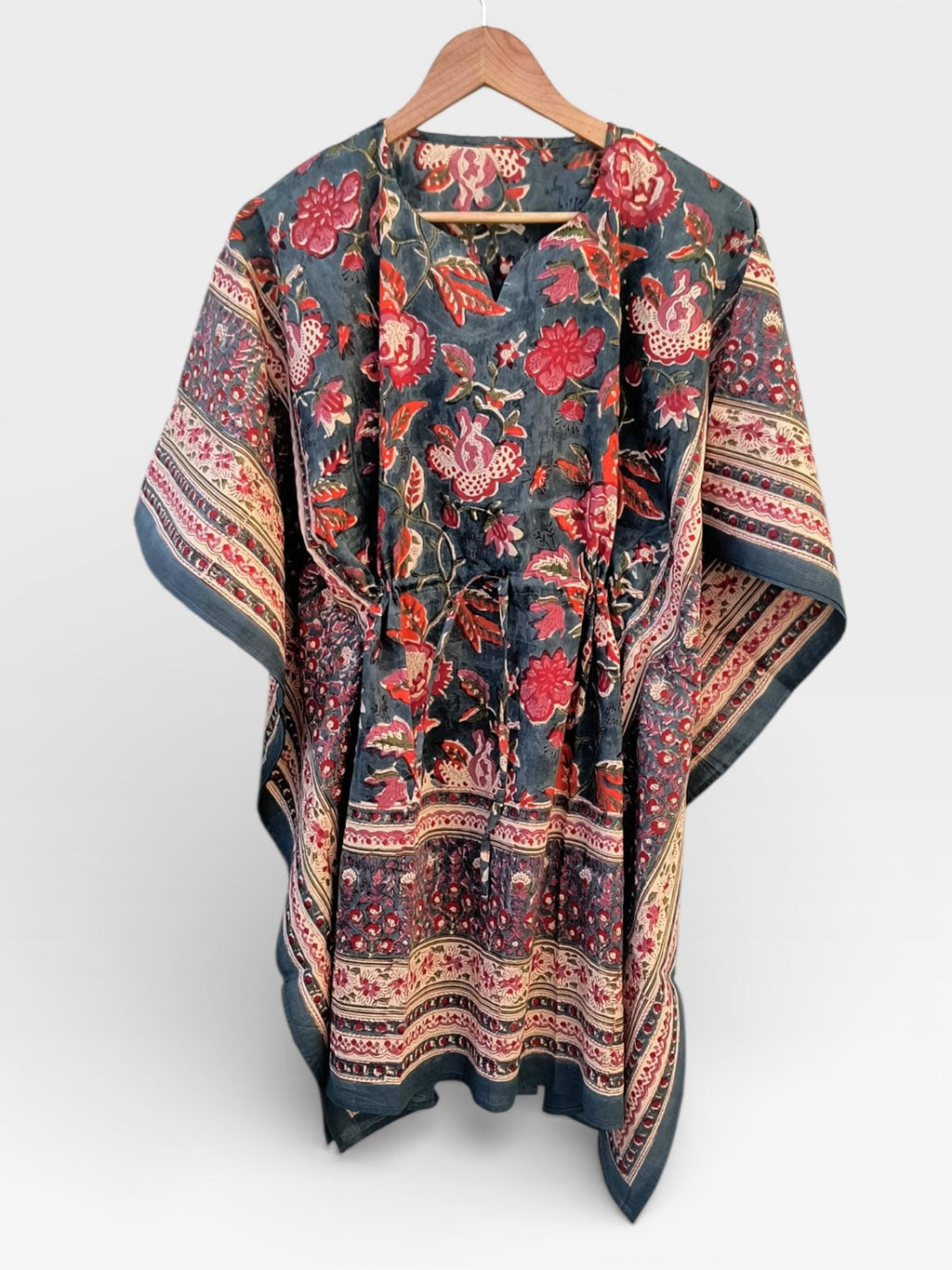 Hand Block Printed Short Cotton Kaftan – Deep Gray with Red & Ivory Floral | Boho Summer Kaftan Dress, Relaxed Fit Tunic