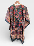 Hand Block Printed Short Cotton Kaftan – Deep Gray with Red & Ivory Floral | Boho Summer Kaftan Dress, Relaxed Fit Tunic