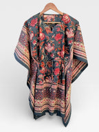Hand Block Printed Short Cotton Kaftan – Deep Gray with Red & Ivory Floral | Boho Summer Kaftan Dress, Relaxed Fit Tunic