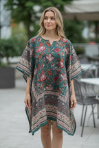 Hand Block Printed Short Cotton Kaftan – Deep Gray with Red & Ivory Floral | Boho Summer Kaftan Dress, Relaxed Fit Tunic