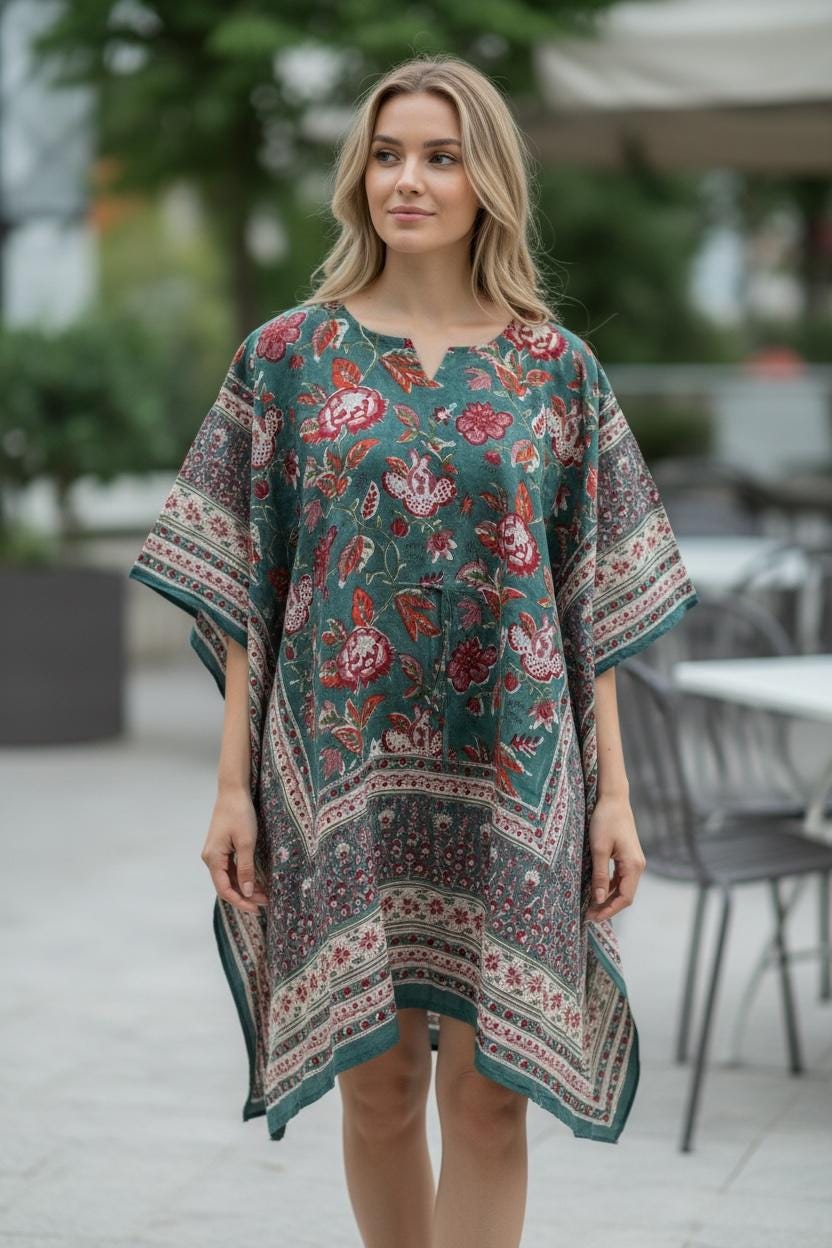 Hand Block Printed Short Cotton Kaftan – Deep Gray with Red & Ivory Floral | Boho Summer Kaftan Dress, Relaxed Fit Tunic