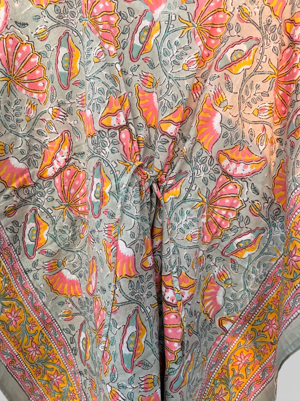 Hand Block Printed Short Cotton Kaftan – Grey Base with Pink & Mustard Floral Print | Boho Summer Kaftan Top, Relaxed Fit Lounge Wear