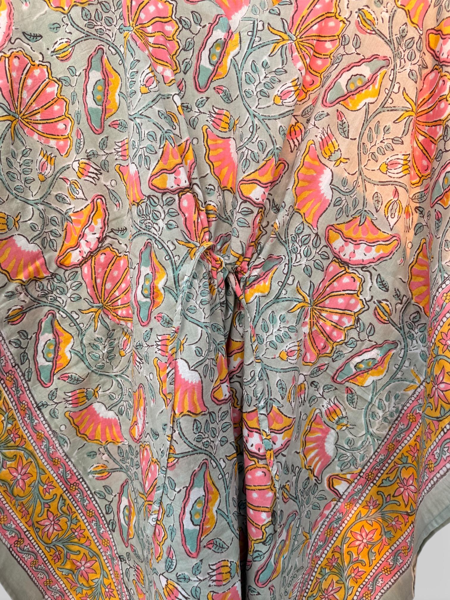 Hand Block Printed Short Cotton Kaftan – Grey Base with Pink & Mustard Floral Print | Boho Summer Kaftan Top, Relaxed Fit Lounge Wear