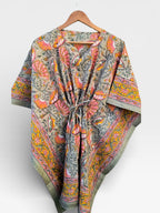 Hand Block Printed Short Cotton Kaftan – Grey Base with Pink & Mustard Floral Print | Boho Summer Kaftan Top, Relaxed Fit Lounge Wear