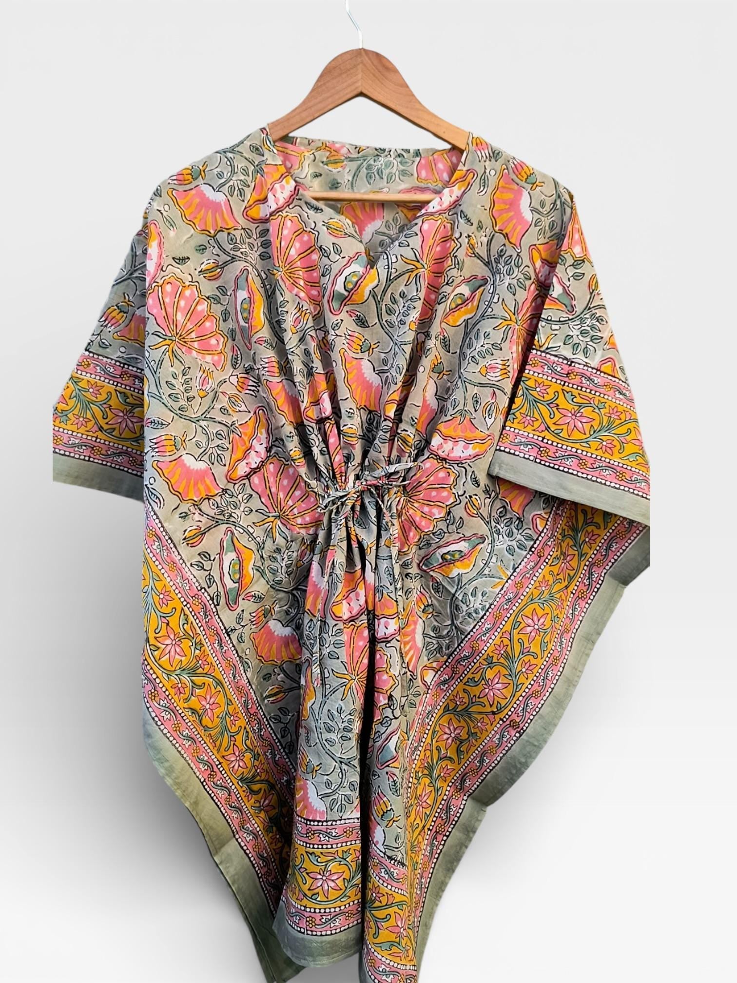 Hand Block Printed Short Cotton Kaftan – Grey Base with Pink & Mustard Floral Print | Boho Summer Kaftan Top, Relaxed Fit Lounge Wear