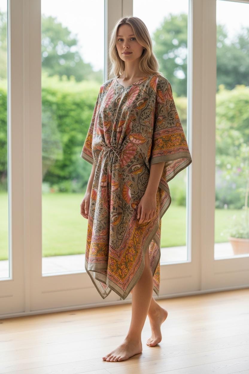Hand Block Printed Short Cotton Kaftan – Grey Base with Pink & Mustard Floral Print | Boho Summer Kaftan Top, Relaxed Fit Lounge Wear