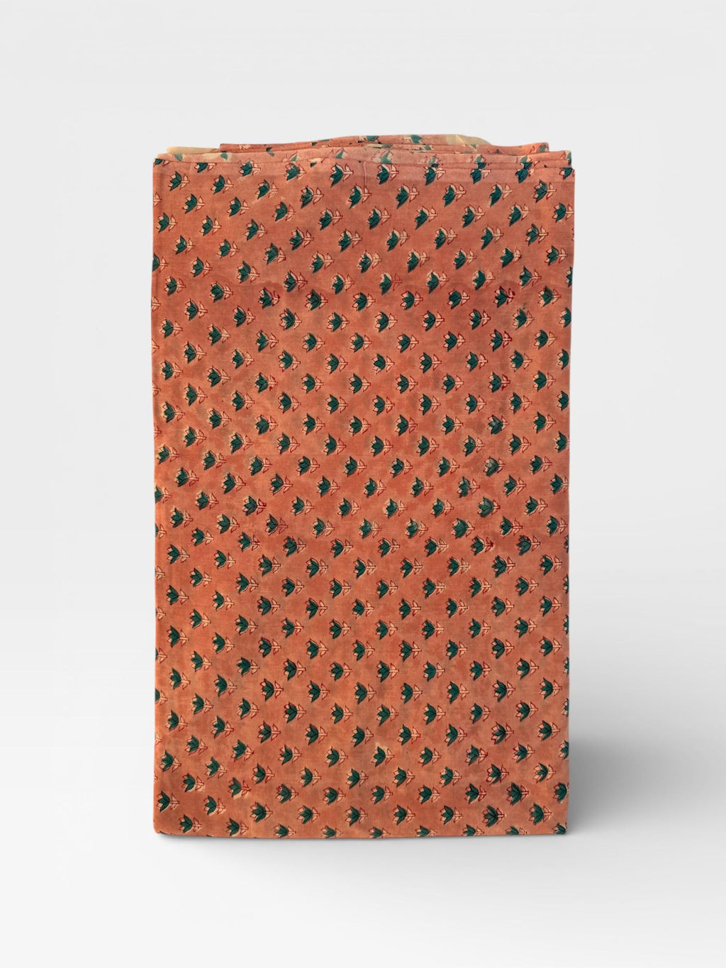 Hand Block Printed Cotton Fabric – Peach Rust Base with Teal Floral Motif | Indian Blockprint Running Fabric for Sewing, Quilting & Craft