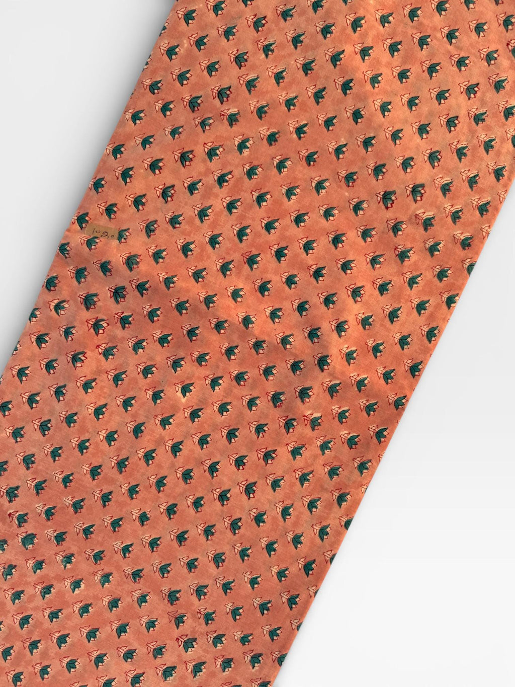 Hand Block Printed Cotton Fabric – Peach Rust Base with Teal Floral Motif | Indian Blockprint Running Fabric for Sewing, Quilting & Craft