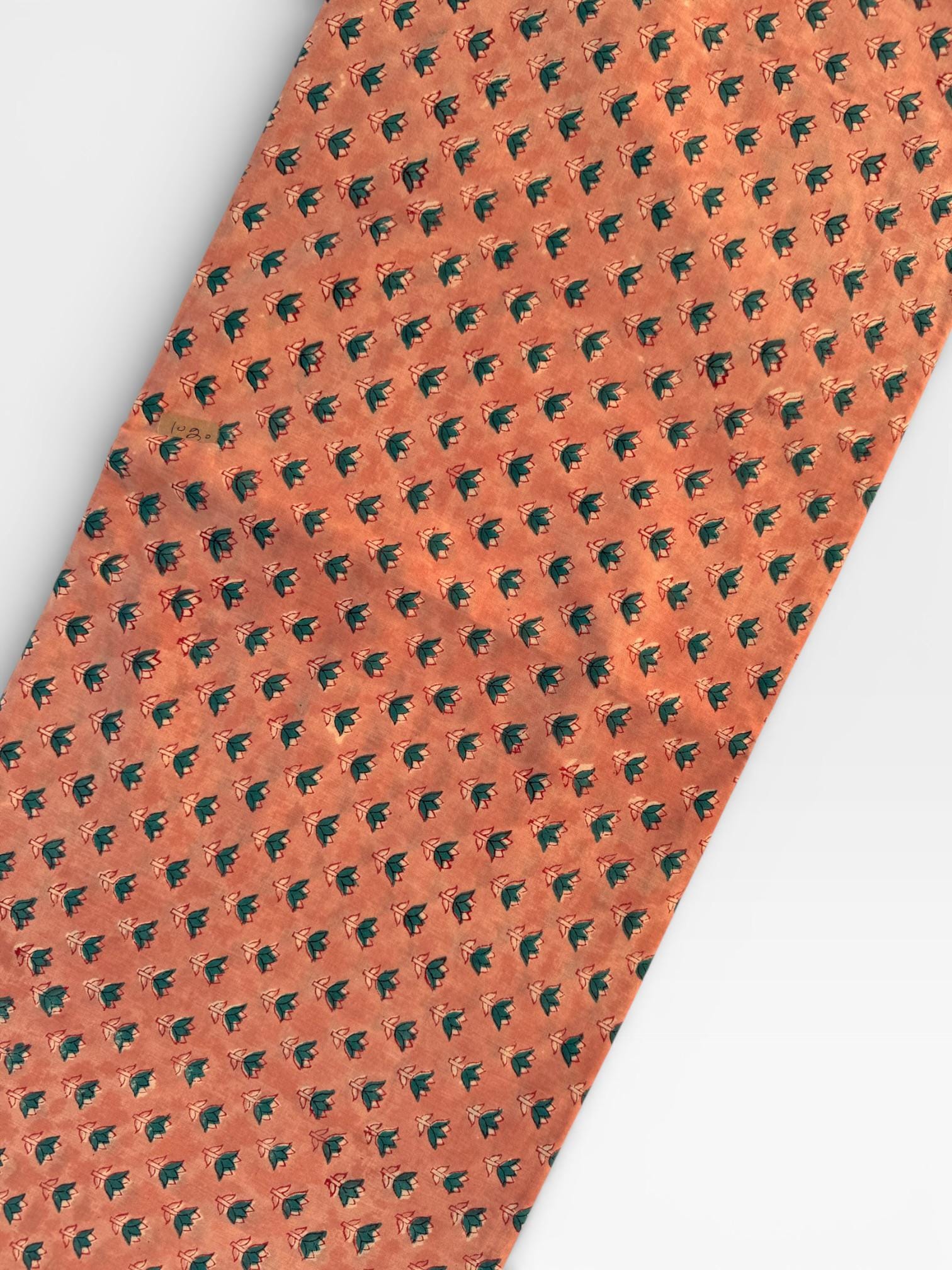 Hand Block Printed Cotton Fabric – Peach Rust Base with Teal Floral Motif | Indian Blockprint Running Fabric for Sewing, Quilting & Craft