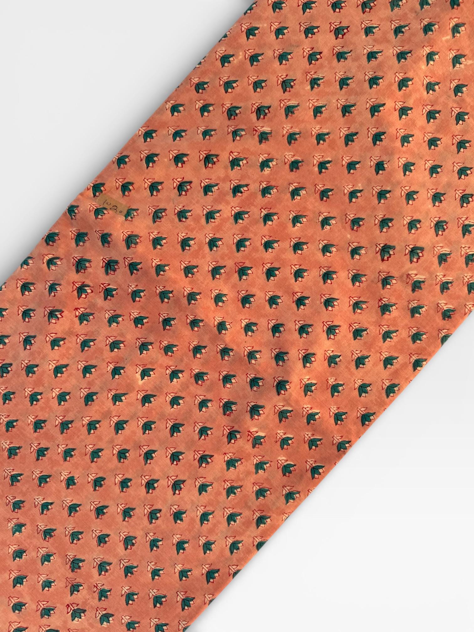 Hand Block Printed Cotton Fabric – Peach Rust Base with Teal Floral Motif | Indian Blockprint Running Fabric for Sewing, Quilting & Craft
