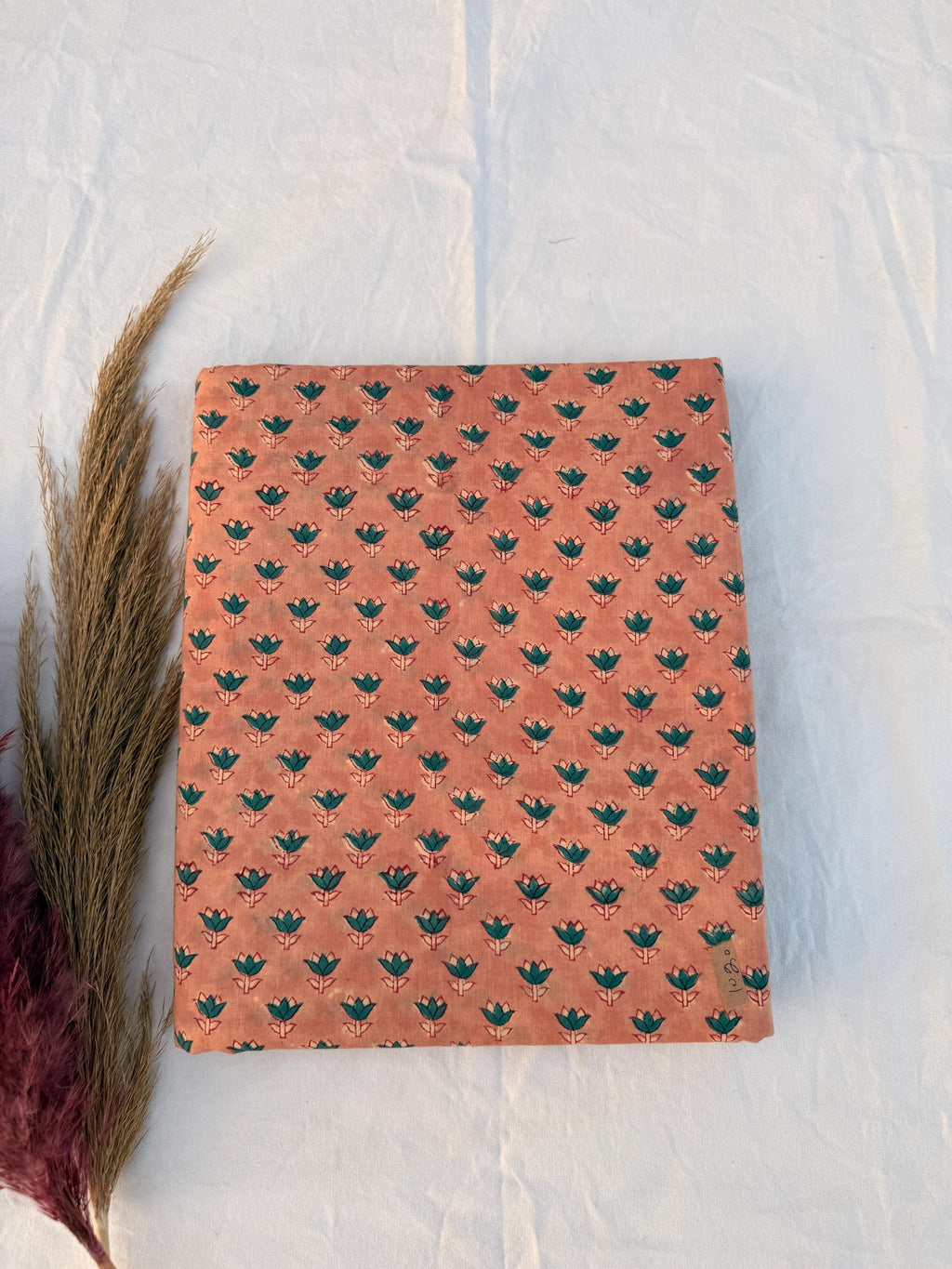Hand Block Printed Cotton Fabric – Peach Rust Base with Teal Floral Motif | Indian Blockprint Running Fabric for Sewing, Quilting & Craft