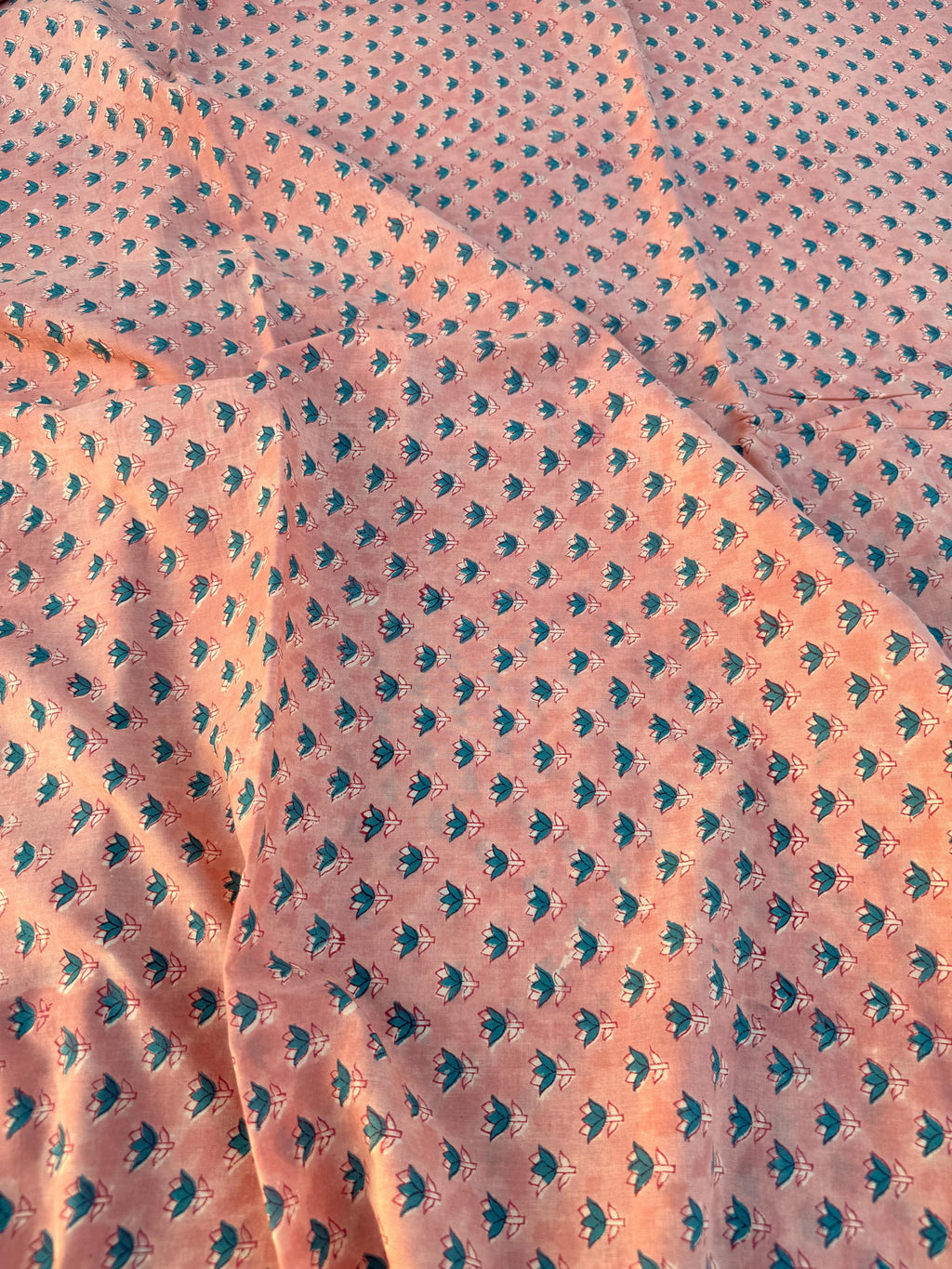 Hand Block Printed Cotton Fabric – Peach Rust Base with Teal Floral Motif | Indian Blockprint Running Fabric for Sewing, Quilting & Craft