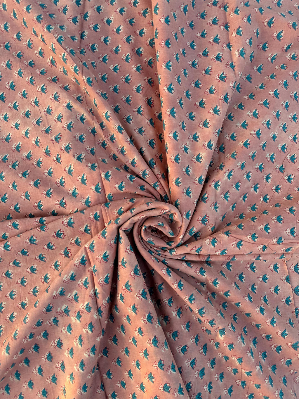 Hand Block Printed Cotton Fabric – Peach Rust Base with Teal Floral Motif | Indian Blockprint Running Fabric for Sewing, Quilting & Craft