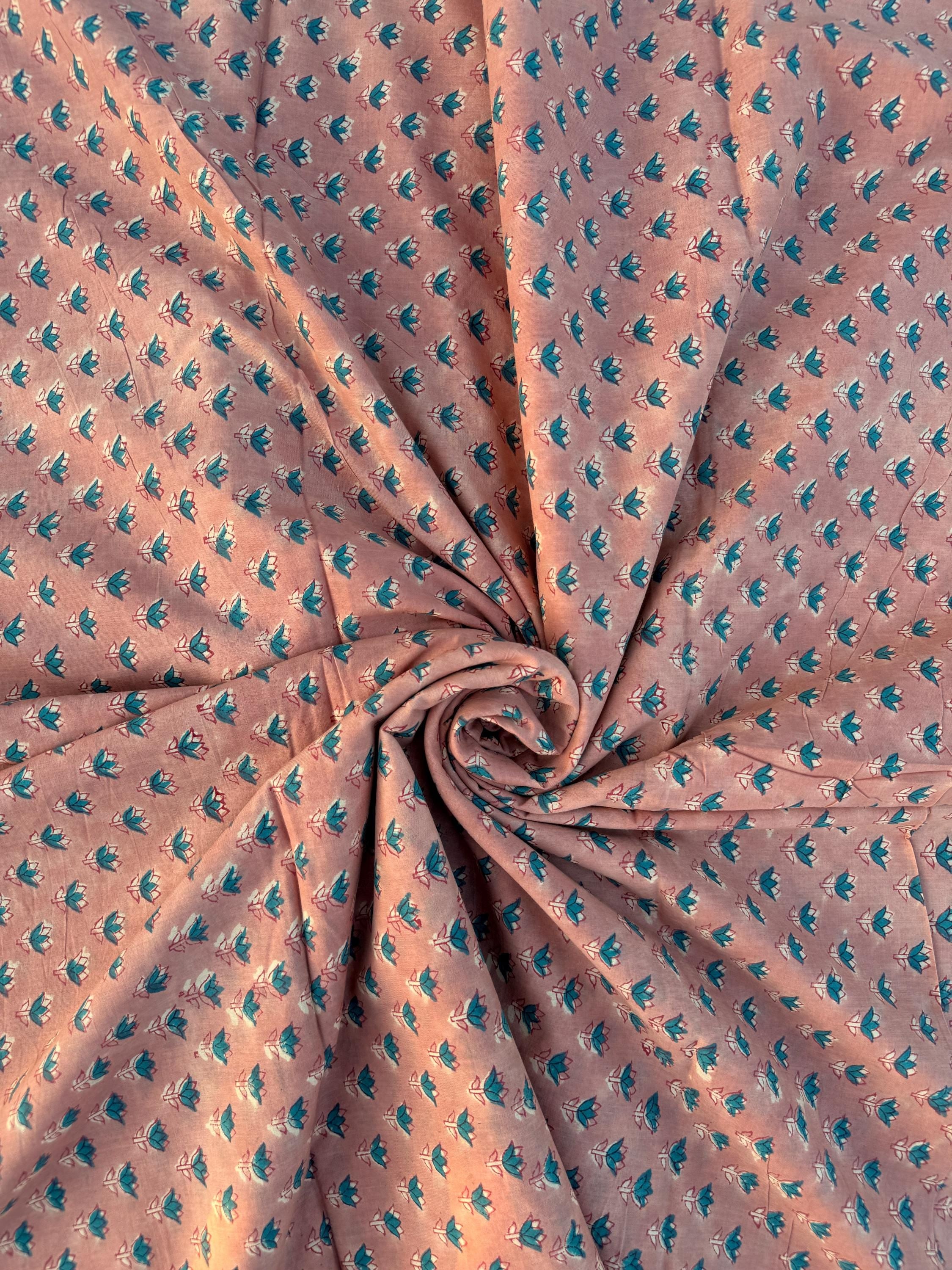 Hand Block Printed Cotton Fabric – Peach Rust Base with Teal Floral Motif | Indian Blockprint Running Fabric for Sewing, Quilting & Craft