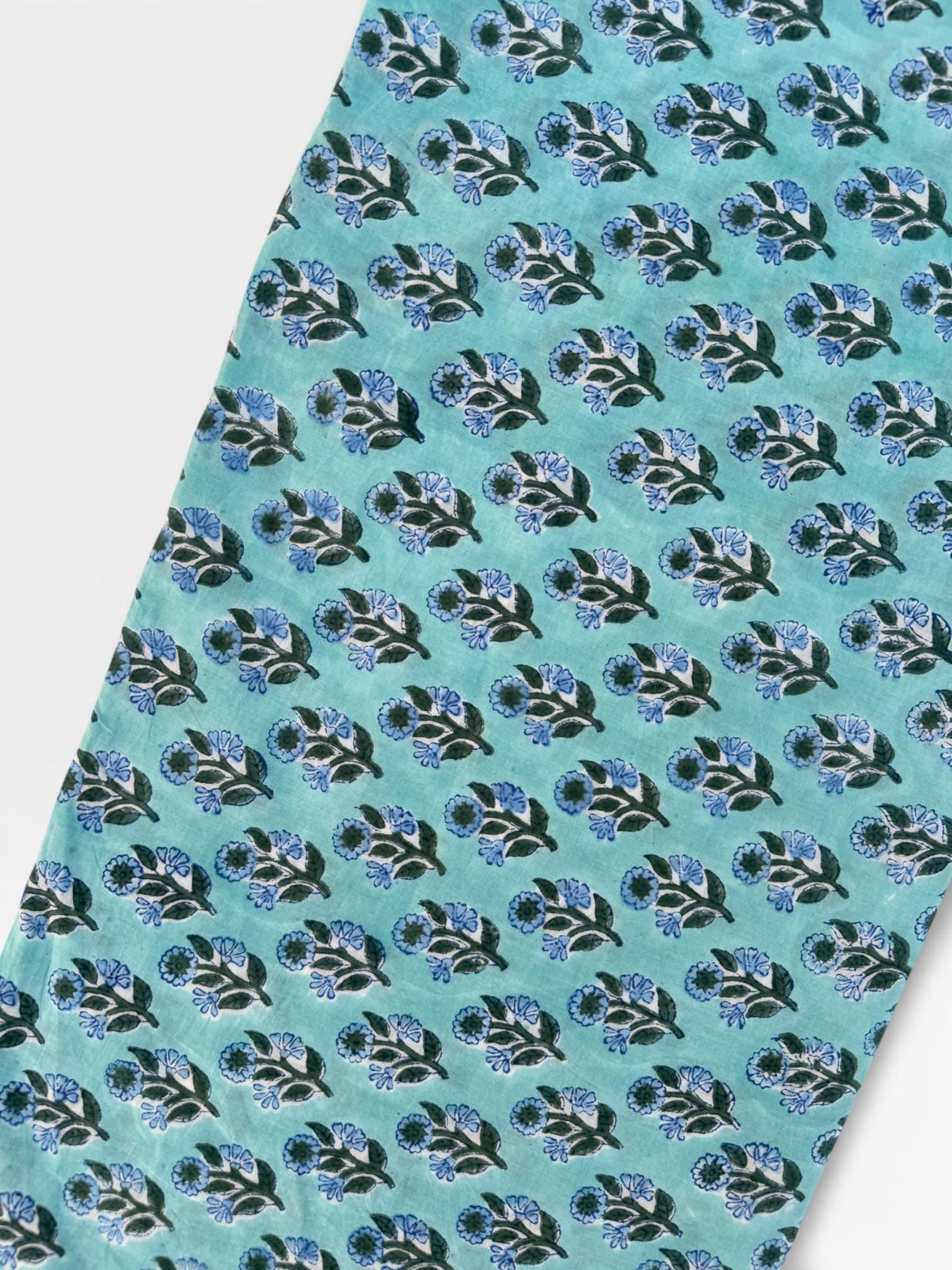 Hand Block Printed Cotton Fabric – Aqua Blue Base with Indigo Floral Motif | Indian Blockprint Running Fabric for Sewing, Quilting & Crafts