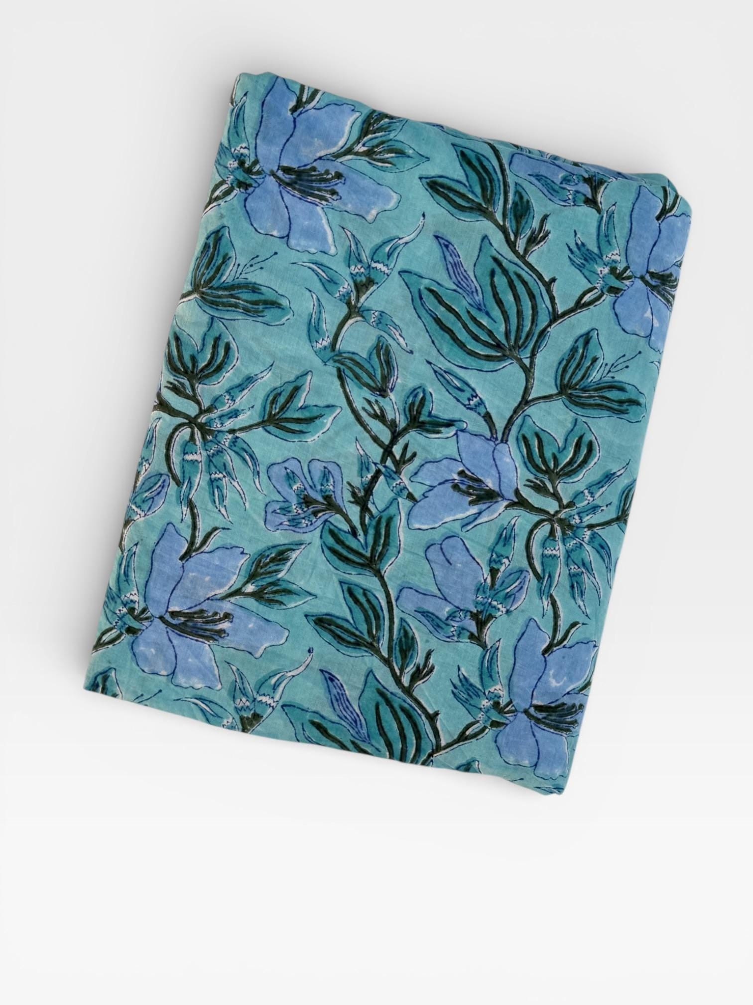 Hand Block Printed Cotton Fabric – Aqua Blue Base with Indigo Floral jaal | Indian Blockprint Running Fabric for Sewing, Quilting & Crafts
