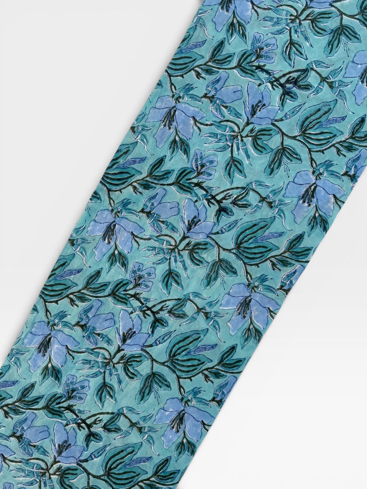 Hand Block Printed Cotton Fabric – Aqua Blue Base with Indigo Floral jaal | Indian Blockprint Running Fabric for Sewing, Quilting & Crafts